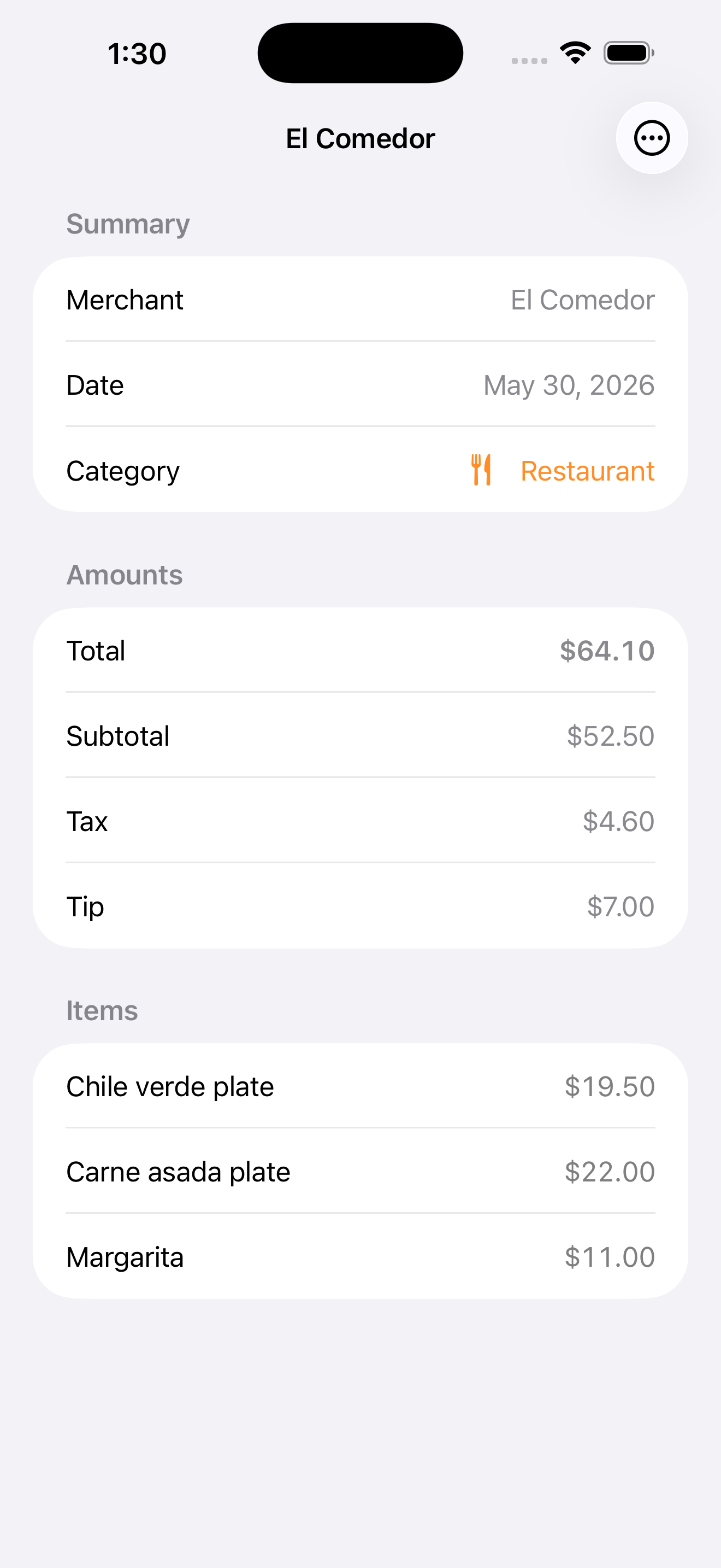 A single receipt detail with merchant, total, tax, and line items