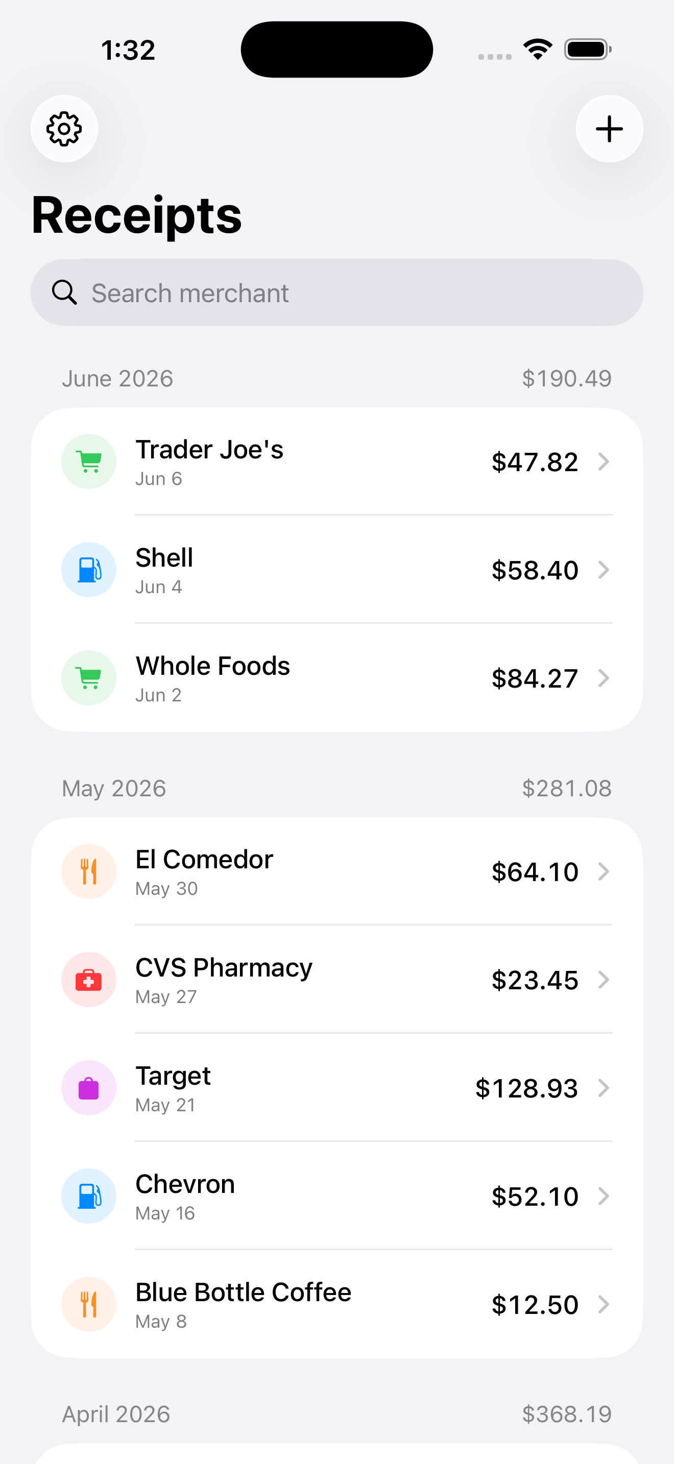 Receipt Capture list grouped by month with per-month totals