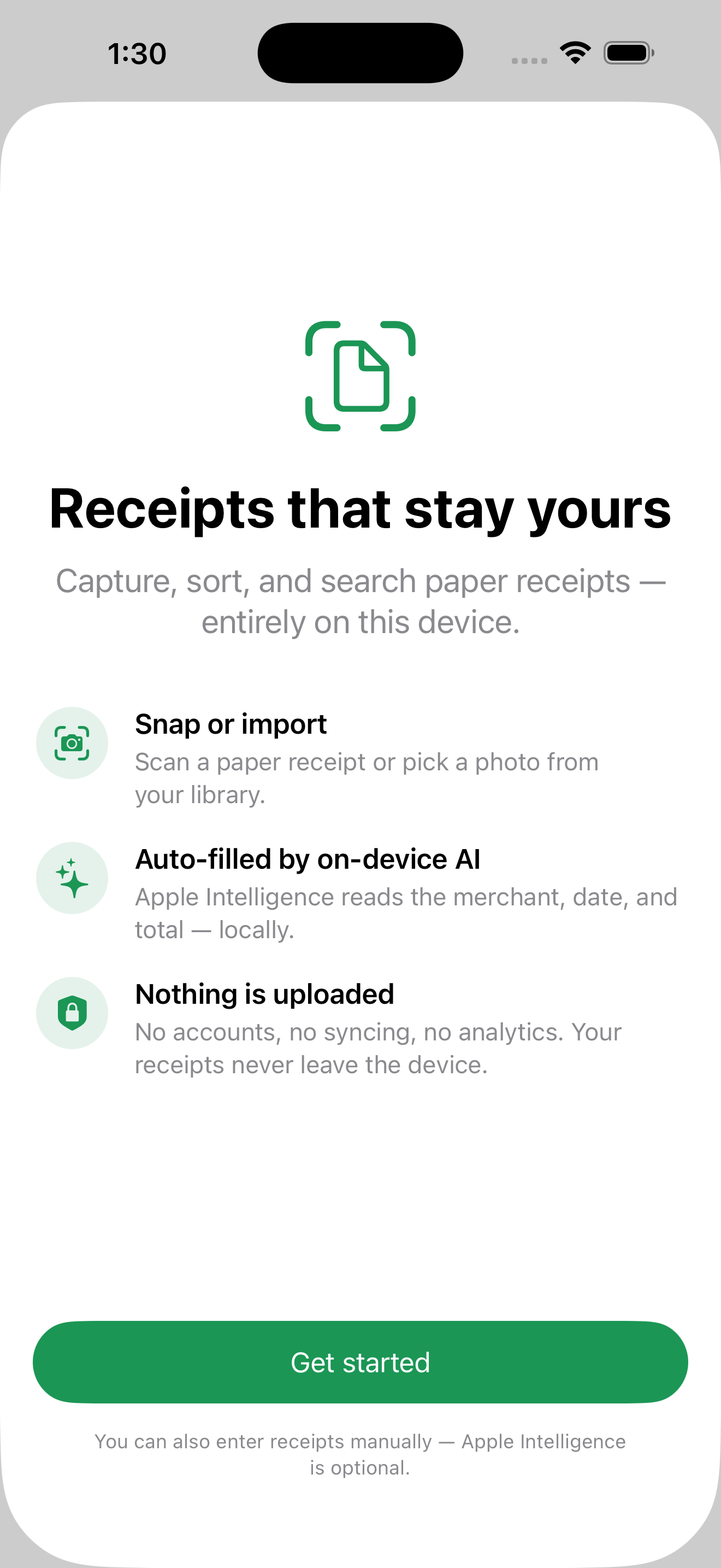 Receipt Capture onboarding explaining the privacy story